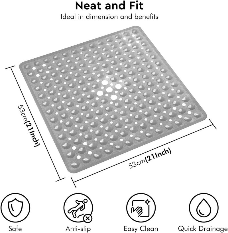 ADO Shower Mat Non Slip, 21x21 inch Square Shower Mats for Inside Shower, Anti-Slip Safety Bathroom Mat with Strong Secure Suction Cups and Drain Holes, Machine Washable (Grey) - Image 2